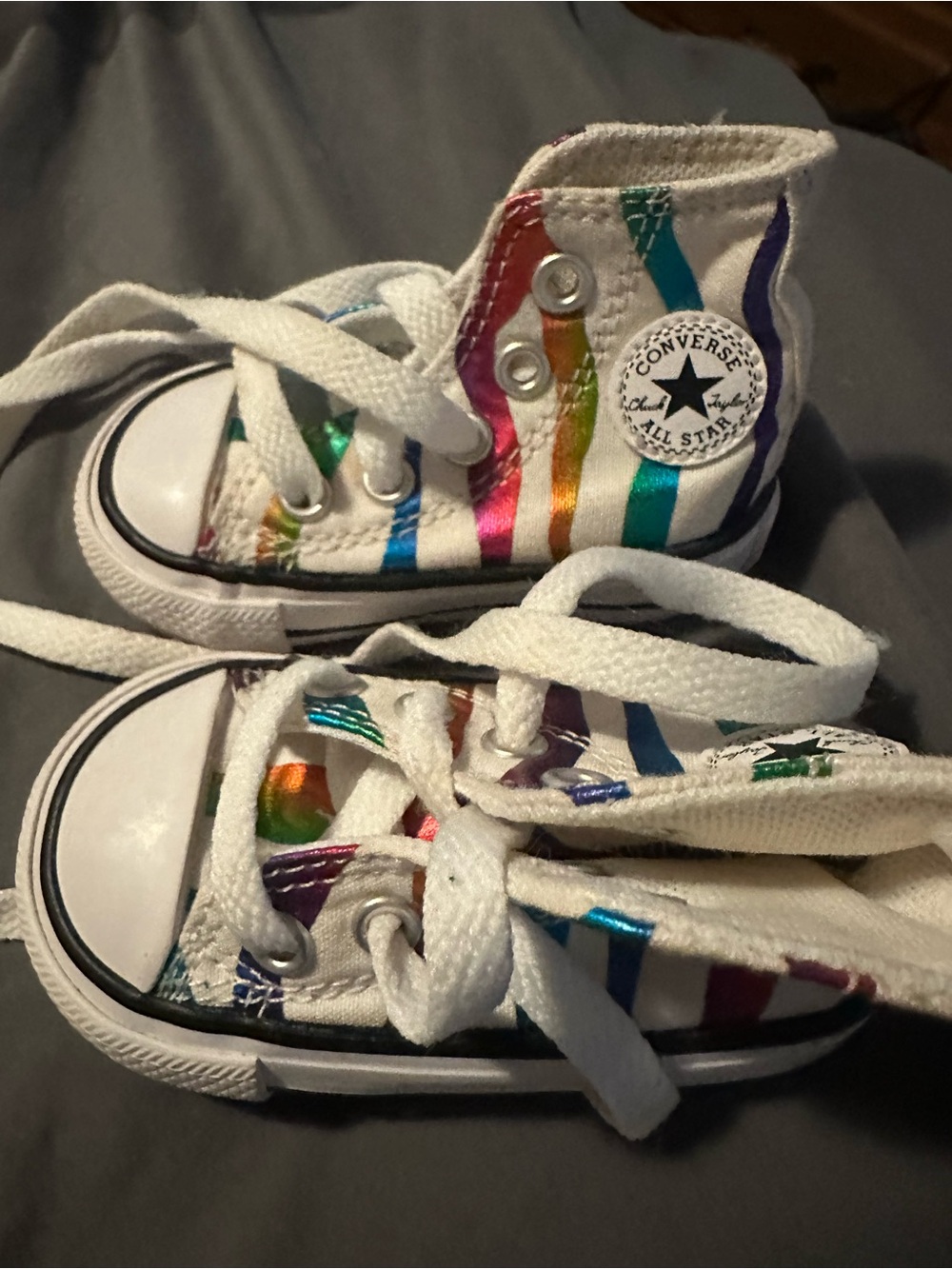 Converse Kids White High-Top Sneakers with Metallic Rainbow Stripes